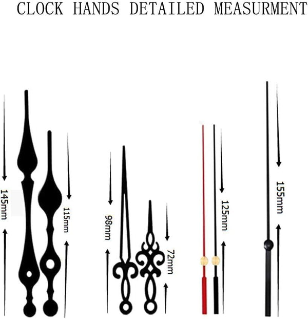 2 Pieces Silent Clock Movement Mechanism Long and Short Shaft with 6 Different Pairs of Hands DIY Clock Repair Parts Motor Replacemen Black