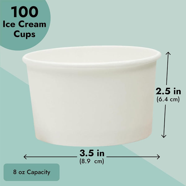 Juvale Ice Cream Cups - 8 oz, White, 100 Count - Disposable Paper Dessert & Sundae Cups & Ice Cream Bowls for Sundae Bar 100 Count (Pack of 1)