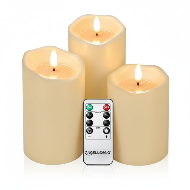 ANGELLOONG Battery Operated Candles with Remote, Real Wax Flickering Flameless Candles with Timer, Set of 3 Electric LED