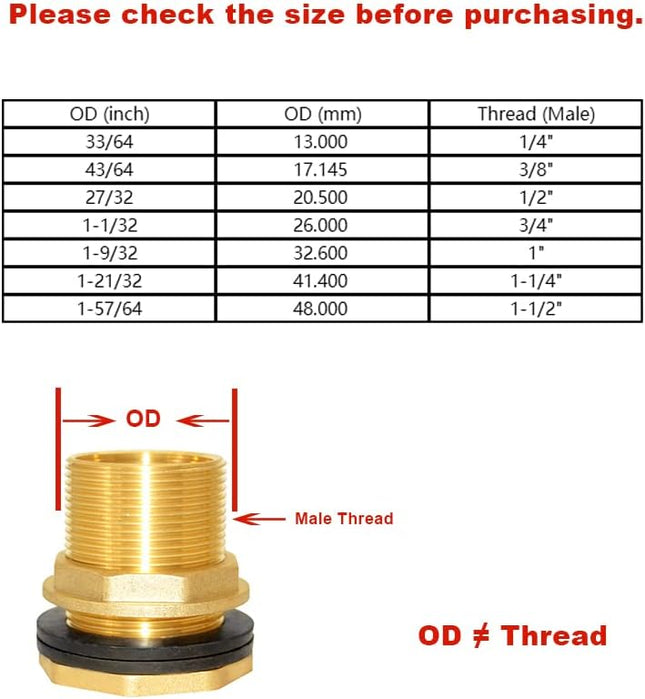 Hooshing Brass Bulkhead Fitting 3/8" Female 1/2" Male Thread Water Tank Connecto