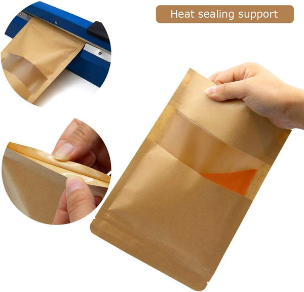 50Pcs Resealable Kraft Paper Stand Up Pouches with Window - 3.5" x 5.5" Small Food Storage Bags with Zip Lock - Heat Sealable Brown Paper Bags for