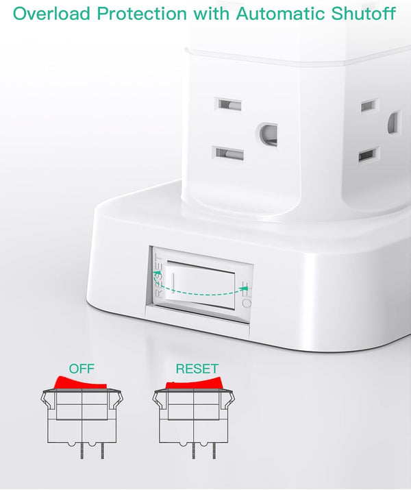Power Strips with Surge Protection, Flat Plug Power Strip Tower White 6 FT