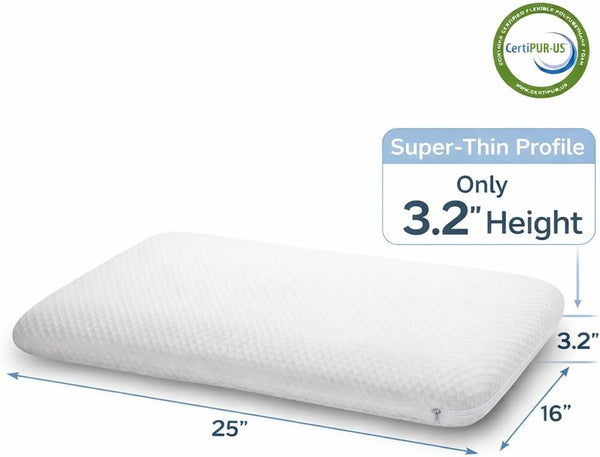 Slim 3.2" Stomach Sleeping Memory Foam Pillow-Thin, Flat, Soft yet Supportative for Belly, Back& Stomach Sleepers