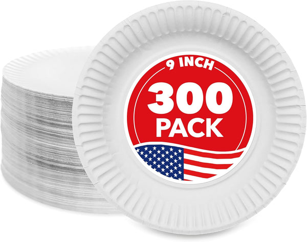 Stock Your Home 9-Inch Paper Plates Uncoated, Everyday Disposable Plates 9" Paper Plate Bulk, White, 300 Count