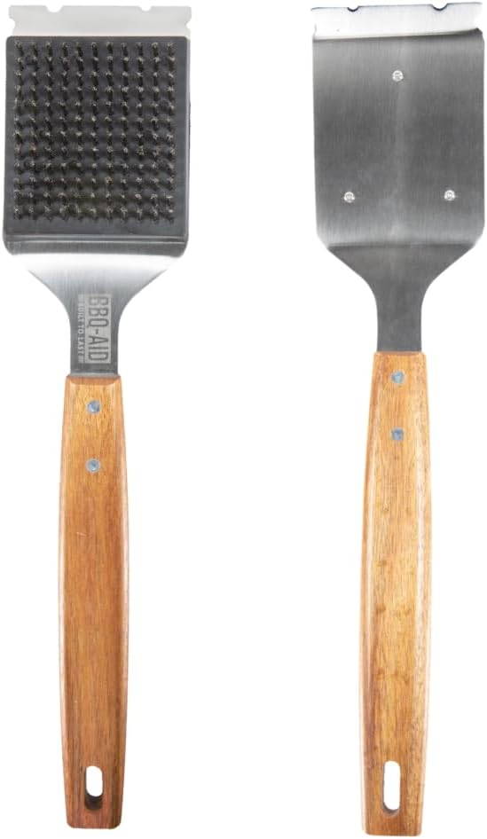 BBQ-Aid Grill Brush and Scraper for Barbecue – Grill Brush for Outdoor Grill with Extended, Large Wooden Handle and Replaceable Stainless Steel