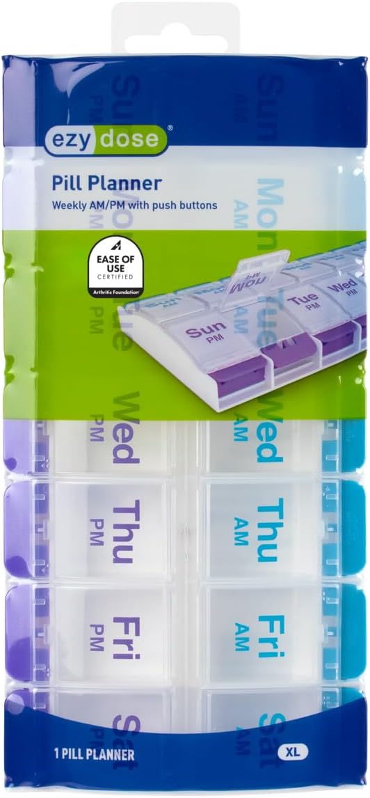 Ezy Dose Weekly (7-Day) AM/PM Pill Organizer, X-Large Case, Blue/Purple | Daily Vitamin Box & Supplement Medicine Planner, 2 Times a Day Push