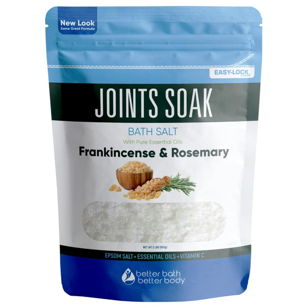 Joints Soak Bath Salt 32 Ounces Epsom Salt with Natural Rosemary, Frankincense and Peppermint Essential Oils Plus Vitamin C in BPA Free Pouch with