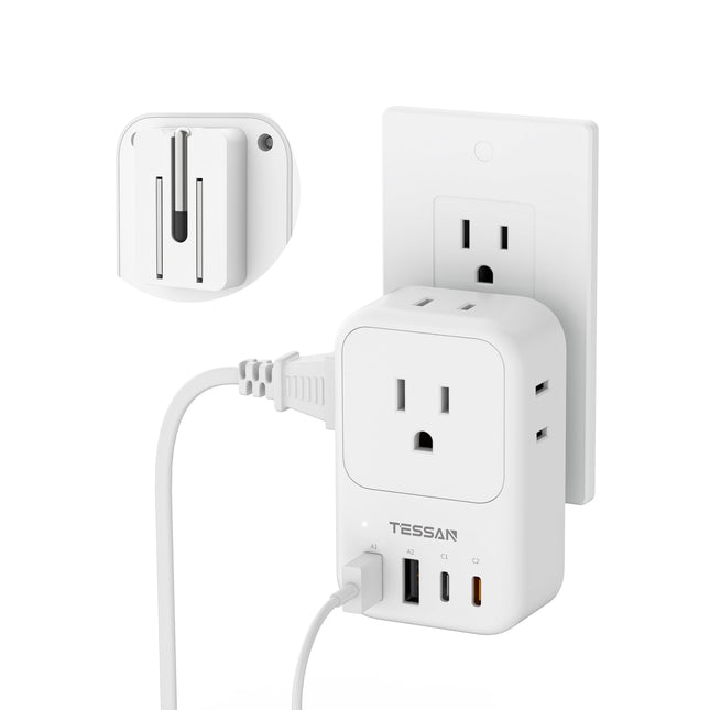 USB Wall Charger, TESSAN Wall Plug Adapter Outlet Extender, 3 Charger Block (1 USB C Port), Multi Charging Station for C
