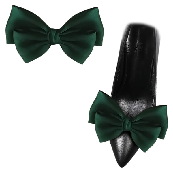 2 Pcs Satin Bow Shoe Clips Removable Solid Color Shoe Clips Elegant Wedding Party Shoe Buckles Bags Clothing Hair Accessories Dark Green
