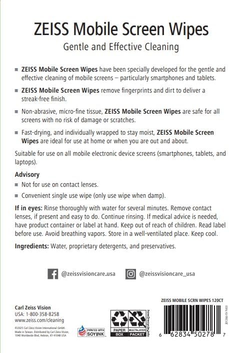 ZEISS Pre-Moistened Wipes, Screen Cleaner, 120 Count 120 Count (Pack of 1) 120 count Box screen wipes