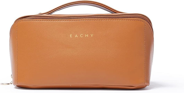 EACHY Travel Makeup Bag, Large Capacity Cosmetic Bag for Women, Waterproof PU Leather, Flat Open Portable Toiletry Bag for Skincare, Brushes &