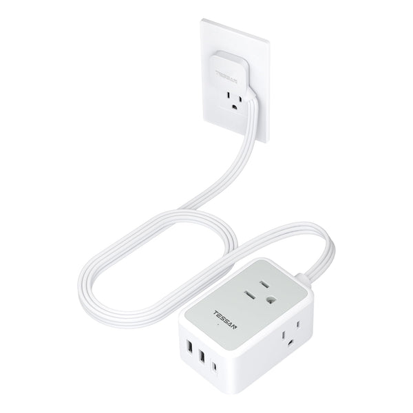 Small Flat Plug Power Strip, TESSAN Ultra Thin Extension Cord with 3 USB Wall Charger (1 USB C), 3 Outlets Mini Charging Station, 5 Ft Slim Plug