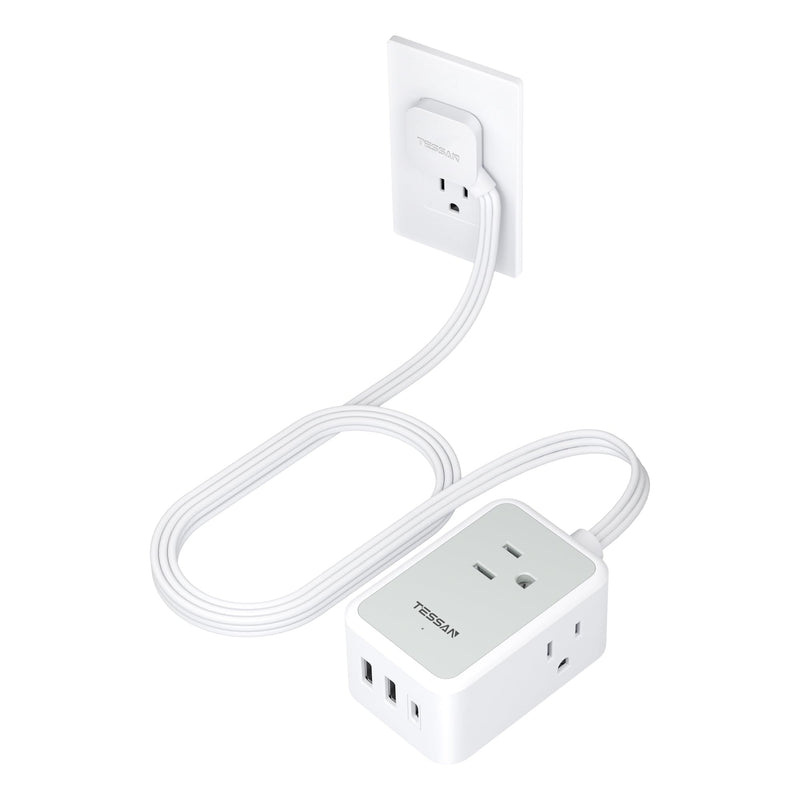 Small Flat Plug Power Strip, TESSAN Ultra Thin Extension Cord with 3 USB Wall Charger (1 USB C), 3 Outlets Mini Charging Station, 5 Ft Slim Plug