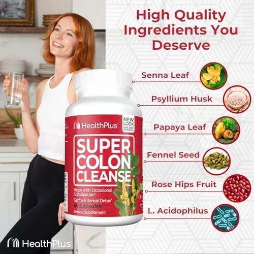 Health plus Super Colon Cleanse 15 Day Supply of Gentle Gut Cleanse Detox, Psyllium Husk, Probiotics for Constipation Relief & Digestive Support,