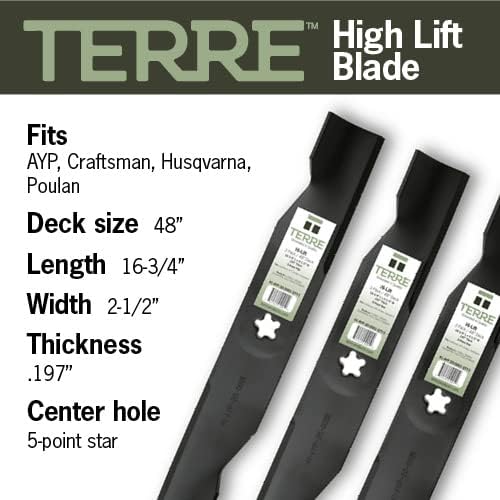 Terre Products, 3 Pack High Lift Lawn Mower Blades, 48 Inch Deck, Compatible with Poulan, Craftsman, Husqvarna YTH2348, YTH24V48, Replacement for