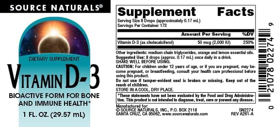 Source Naturals, Vitamin D-3 Liquid Drops 2000 IU - 1 Fluid oz. 1 Fl Oz (Pack of 1)