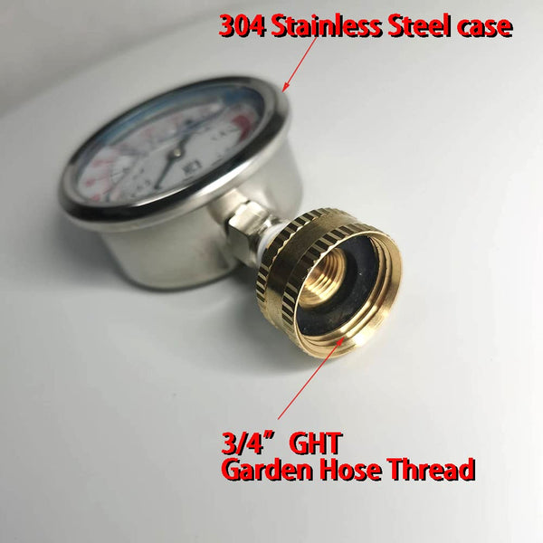 Stainless Steel 304 Liquid Filled Water Pressure Test Gauge,0-220psi, 2-1/2" Dial Display,Oil Gauge.Female 3/4" GHT Garden Hose Thread.