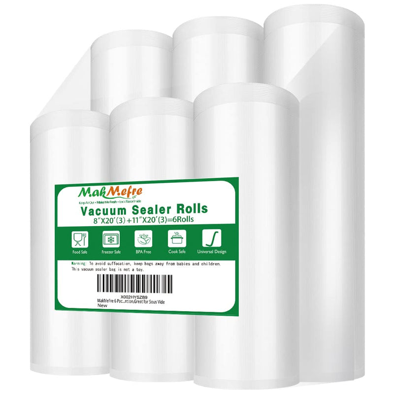 6 Pack 8"X20'(3Rolls) and 11"X20' (3Rolls) Vacuum Sealer Bags Rolls for Food,Commercial Grade, BPA Free,Puncture Prevention,Great for Sous Vide