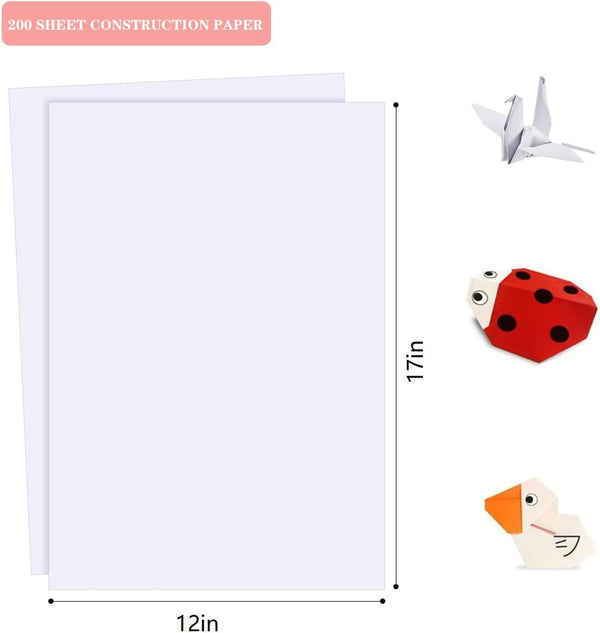 200 Sheets Arts Craft Paper for Drawing 12” x 17” White Construction Paper for Coloring, Creating, School Art Project Supplies, Standard Weight