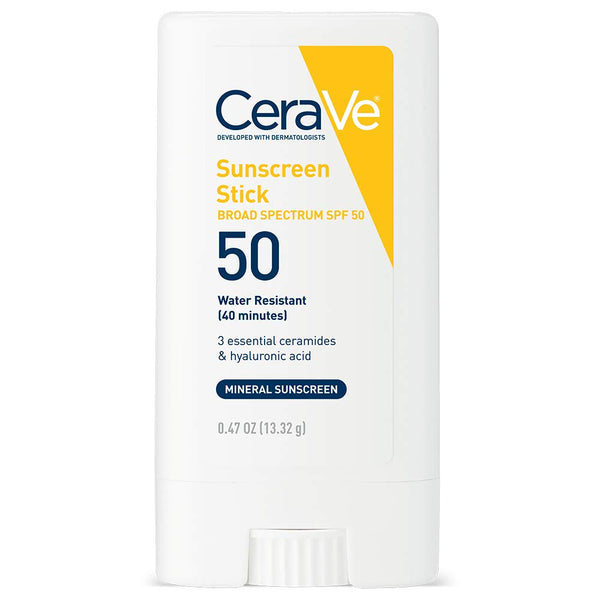 Cerave Mineral Sunscreen Stick SPF 50, Broad Spectrum SPF + Hyaluronic Acid + Ceramides, Titanium Dioxide & Zinc Oxide, 100% Mineral Face