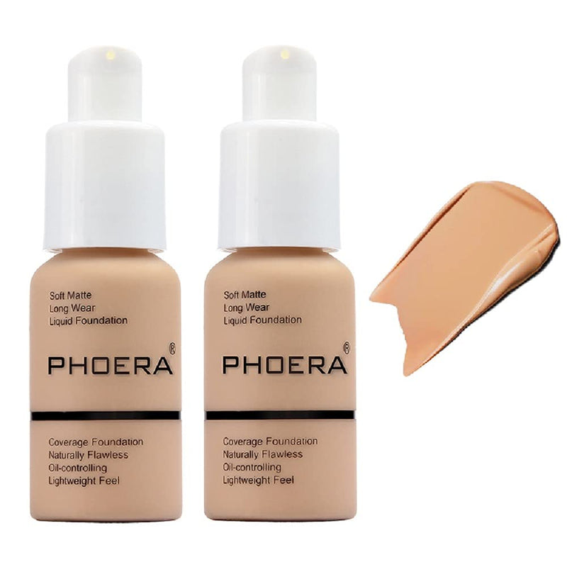 PHOERA Foundation, Natural Foundation Makeup, 104 Buff Beige, 30ml, 2 Pack | Full Coverage Foundation, Flawless, Long Lasting, Waterproof No