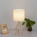 Gold Modern Hollow Out Base Bedroom Small Table Lamp,Bedside Nightstand Lamp with Geometric Metal Base White Fabric Shade,Cute Desk Lamp for Kids