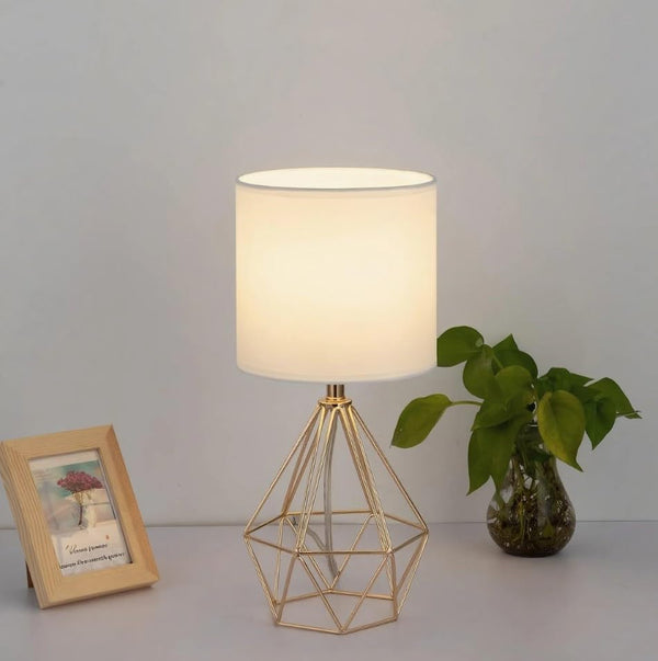 Gold Modern Hollow Out Base Bedroom Small Table Lamp,Bedside Nightstand Lamp with Geometric Metal Base White Fabric Shade,Cute Desk Lamp for Kids