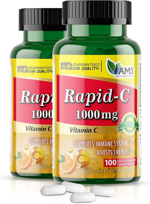 America Medic & Science Rapid-C 1000Mg Vitamin C Supplement (2 Pack of 100 Tablets) Energy Booster, Daily Immune System Support, Antioxidant |