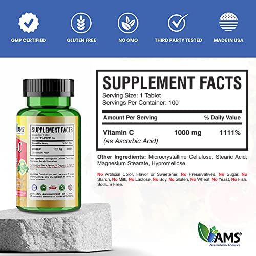 America Medic & Science Rapid-C 1000Mg Vitamin C Supplement (2 Pack of 100 Tablets) Energy Booster, Daily Immune System Support, Antioxidant |