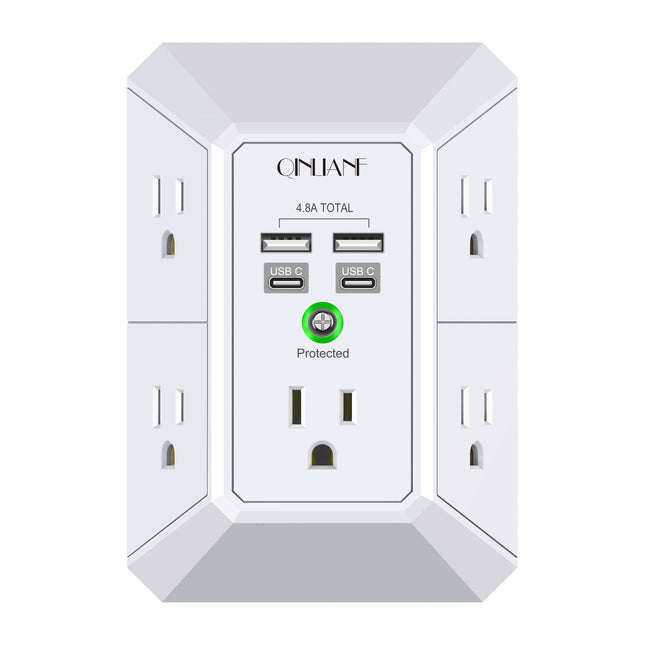 USB Wall Charger, Surge Protector, QINLIANF 5 Outlet Extender with 4 USB Charging Ports (4.8A Total) 3-Sided 1680J Power