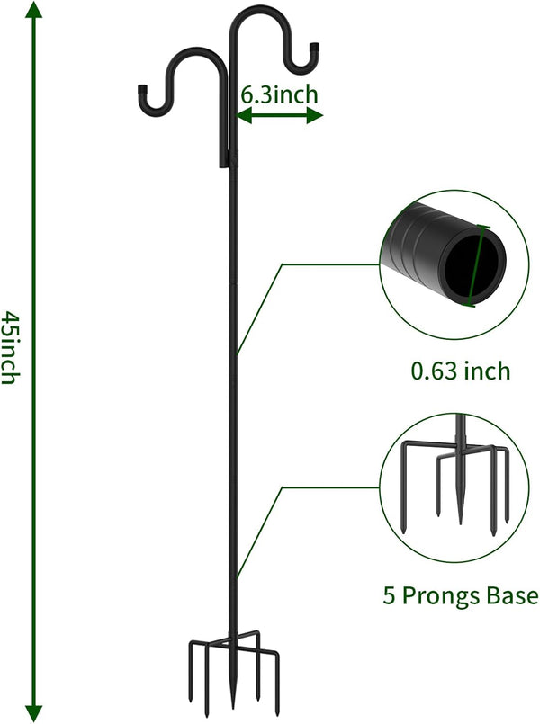 Double Shepherds Hooks for Outdoor, Bird Feeder Pole with 5 Prongs Base, Heavy Duty Garden Hook for Lantern, Wind Chime and Hummingbird Feeder, 45