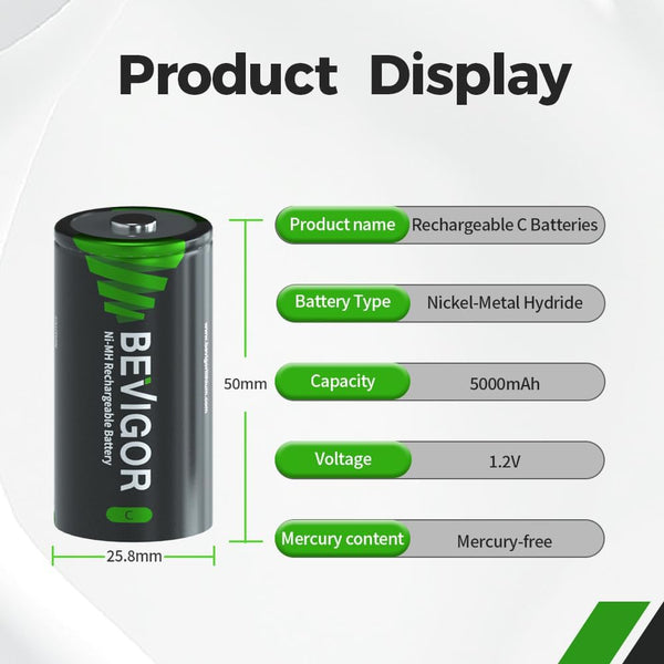 BEVIGOR Rechargeable C Batteries, 5000Mah 1.2V Nimh Precharged C Cell Batteries,Low Self Discharge Recharge up to 1300X Times,4 Pack for