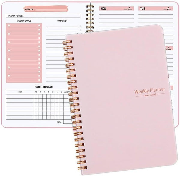 Undated Weekly Planner, A5 Weekly Goals, to Do List Habit Tracker Planner Gift for Women, Girls Pink Journal