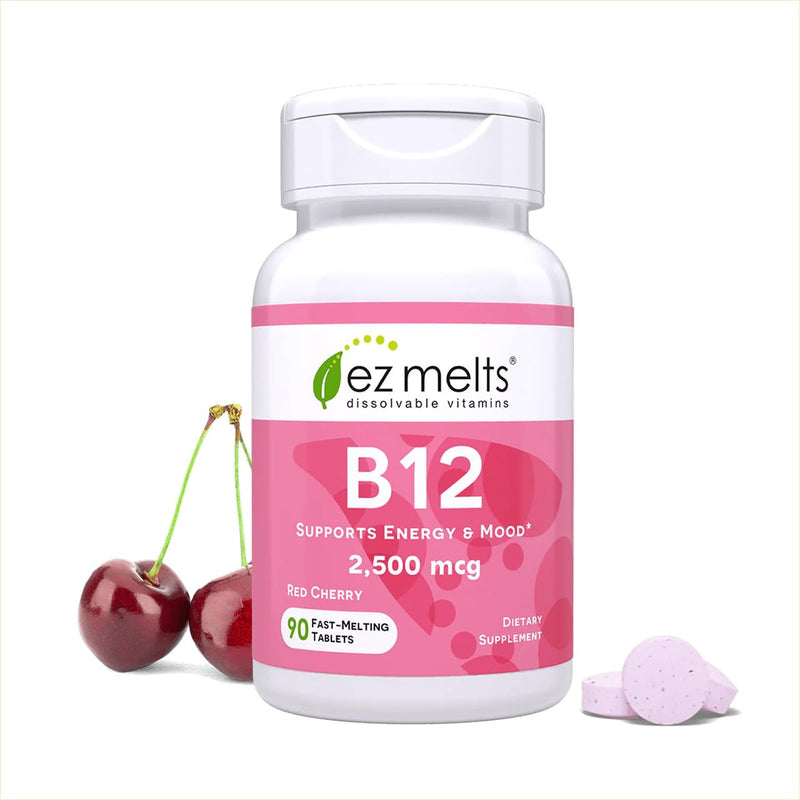 EZ Melts Dissolvable B12 Methylcobalamin 2,500 mcg - Vitamin B12 for Energy & Immune Support - Non-GMO, Vegan & Gluten-Free - Red Cherry - 90