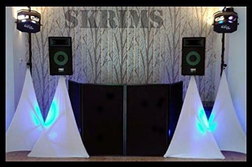 SKRIMS Super Flexible Speaker Stand Cover - Four Way Stretch White Spandex DJ Scrim - 3-Sided Tripod Skirt - 360 Degree Coverage, Cable Management