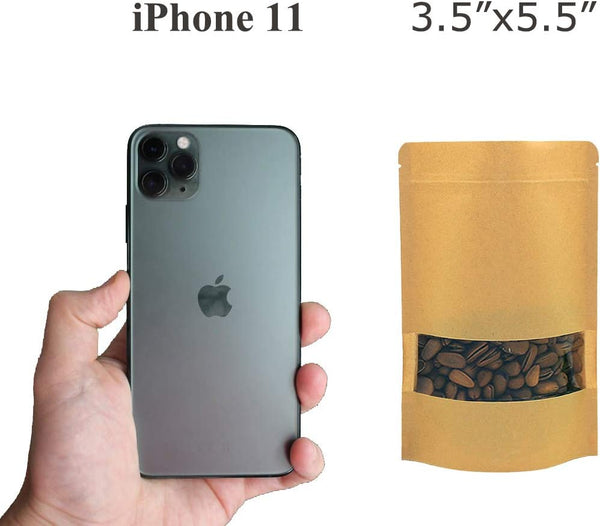 50Pcs Resealable Kraft Paper Stand Up Pouches with Window - 3.5" x 5.5" Small Food Storage Bags with Zip Lock - Heat Sealable Brown Paper Bags for