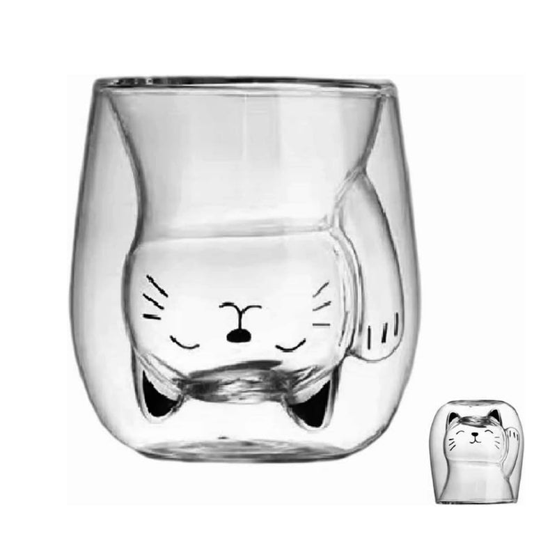 ANSQU Cute Mug Cat Tea Double Wall Glass Coffee Mugs, Espresso Shot Glass, Milk Mug (200 ml/6.8 oz), Personal Birthday Gifts and Holiday Gifts