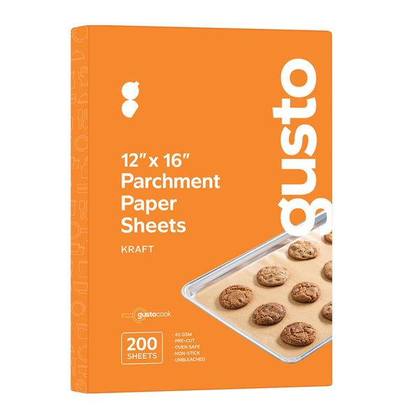 GUSTO 12 x 16 Inch Pre-Cut Parchment Paper Sheets [200 Count] Unbleached, Non-Stick Baking Paper for Cooking & Baking - Kraft (Formerly Comfy