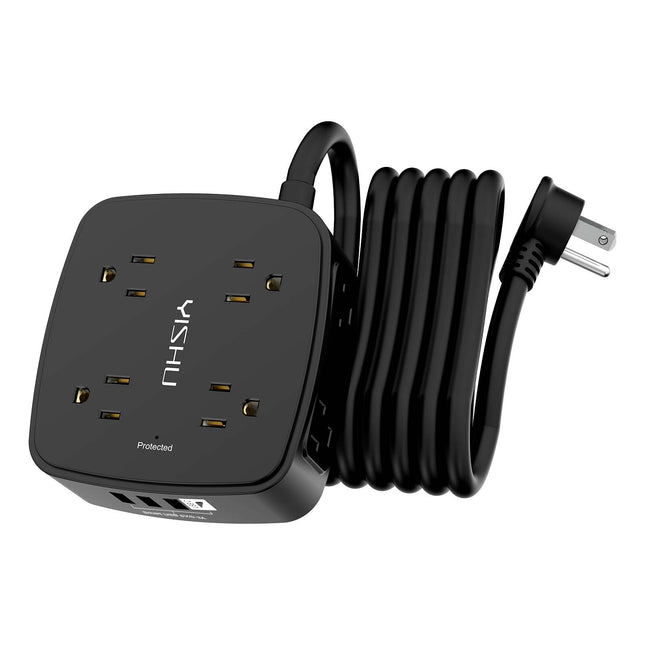 10 Ft Surge Protector Power Strip - 8 Widely Outlets with 4 USB Ports, 3 Side Outlet Extender with 10 Feet Extension Cord, Flat Plug, Wall Mount,