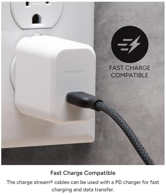 Mophie Charge Stream USB-A to USB-C 1M/3Ft Silicone Cable - Braided Enduraflex Design, 15W Fast Charge Compatible, & Ult