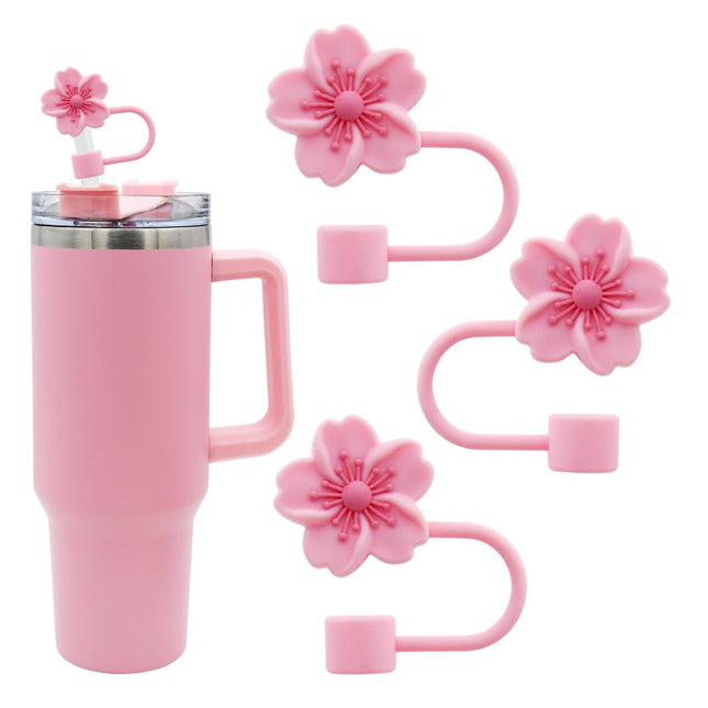 3Pcs Cherry Blossom Silicone Straw Cover Cap for Stanley Cup,Straw Topper 10 Mm 0.4 in Reusable Straw Tips Lids,Flower S