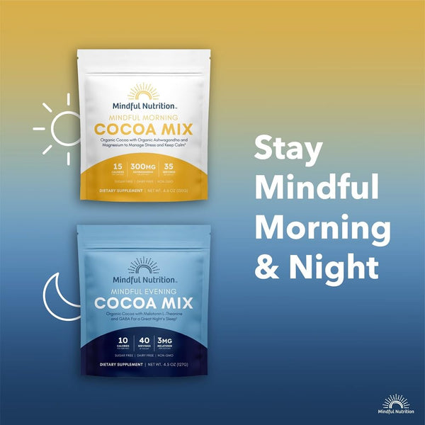 Mindful Evening Sugar Free Cocoa Mix Natural Sleep Aid, 40 Servings, Melatonin 3Mg, L-Theanine, GABA Supplements, Natural Calm Sleep Support