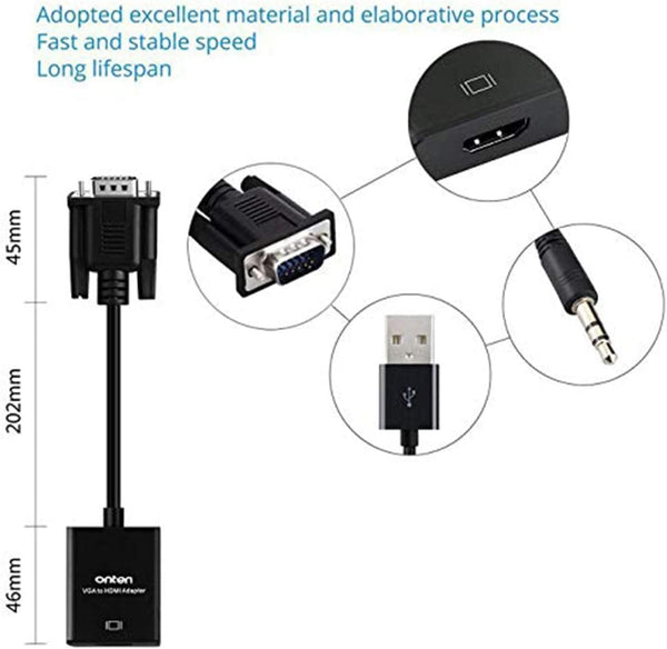 ONTEN VGA to HDMI, 1080P VGA to HDMI Adapter (Male to Female) for Computer, Desktop, Laptop, PC, Monitor, Projector, HDTV with Audio Cable and USB