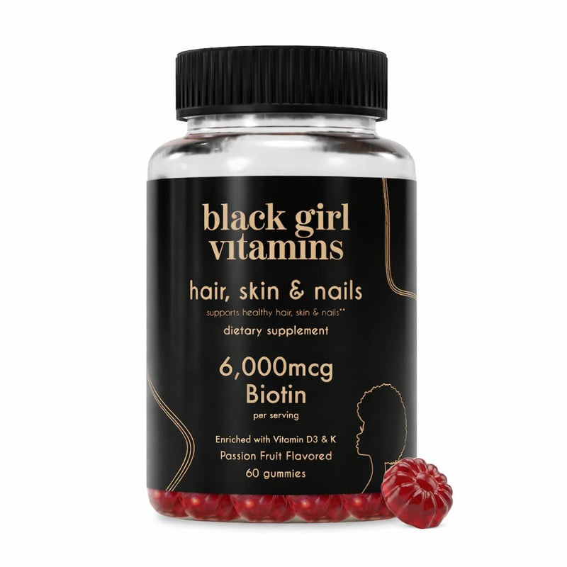 Black Girl Vitamins - Hair, Skin, and Nails Gummies with Biotin (6000 mcg), Zinc, Gelatin Free, Vitamin A, and Vitamin E - Gluten-Free. Made in