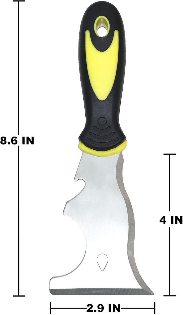 9-in-1 Painter's Tool, Straight Scraper, Gouger, Roller Cleaner, Curved Scraper, Bottle Opener, Can Opener, Nail Puller, Screwdriver, Hammer |