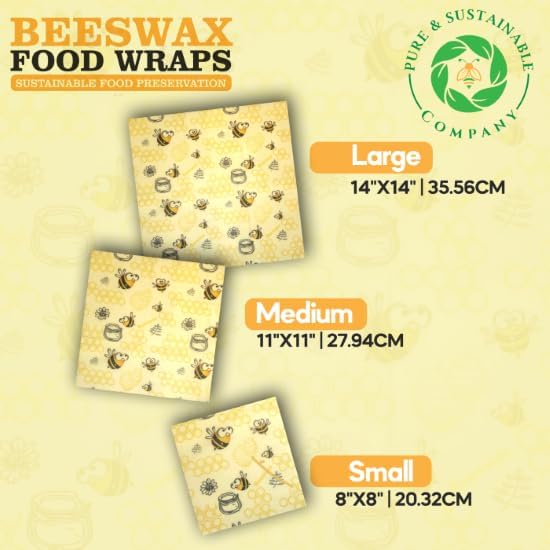 PURE & SUSTAINABLE COMPANY Beeswax Wraps - Food Storage -Pack of 3â€“ Sustainable â€“ Reusable - Certified Organic Cotton Size S,M,L