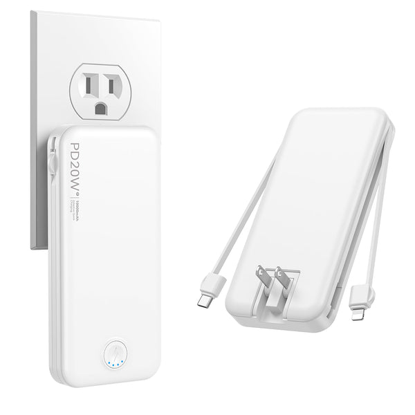 Portable Charger with Built in Cable and AC Wall Plug, USB C Power Bank 12000Mah 22.5W Super Fast Charging, Lightweight Portable Phone Charger