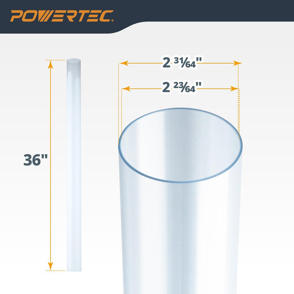 POWERTEC Clear PVC Pipe 2-1/2" x 36" Long, 1PK Rigid Plastic Tubing, Round Tube Compatible w/Dust Collection Fitting, for Woodworking Tool, Dust