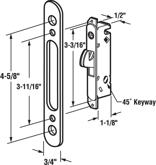 Prime-Line E 2164 Mortise Lock, 4-5/8 In. Steel, 45 Degree Keyway, Round Faceplate, Spring-Loaded (Single Pack), Metallic 4-5/8 in. Metallic