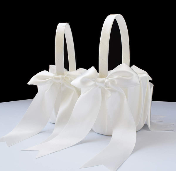 ATAILOVE 2 PCS Flower Girl Baskets Set- Cute Cherish Wedding Flower Baskets (Ivory) | Simple Bow Series,Flower Basket for Wedding Ceremony 2 Baskets